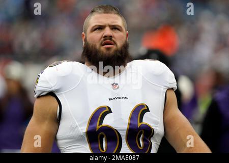 Baltimore Ravens offensive guard Ben Cleveland (66) looks on against the  Denver Broncos during an NFL football game Sunday, Oct. 3, 2021, in Denver.  (AP Photo/Jack Dempsey Stock Photo - Alamy