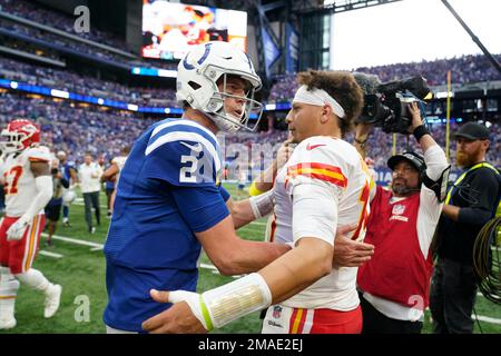 Kansas City Chiefs quarterback Patrick Mahomes throws before an NFL  football game against the Indianapolis Colts, Sunday, Sept. 25, 2022, in  Indianapolis. (AP Photo/Michael Conroy Stock Photo - Alamy