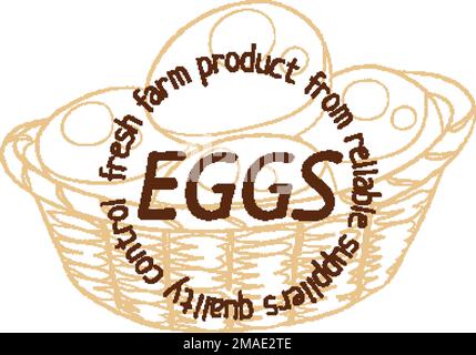 Eggs basket hand drawn linear illustration, cartoon vector hand drawn illustration on white background. Brown vintage sketch label image Stock Vector