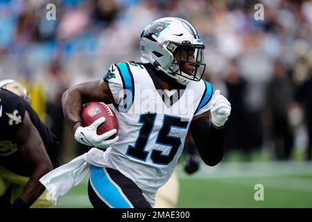 Carolina Panthers wide receiver Laviska Shenault Jr. runs for a touchdown  against the Atlanta Falcons during the first half of an NFL football game  on Thursday, Nov. 10, 2022, in Charlotte, N.C. (