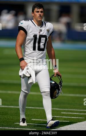 Jacksonville Jaguars place kicker Riley Patterson (10) makes a field goal  attempt during an NFL football game against the Indianapolis Colts, Sunday,  Sept. 18, 2022 in Jacksonville, Fla. The Jaguars defeat the