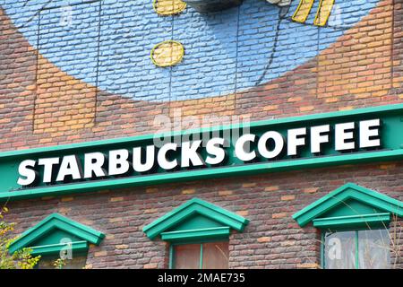 Las Vegas, USA - March 20, 2018 : Starbucks Coffee shop name on the Las Vegas Boulevard, famous The Strip street in Las Vegas. Stock Photo