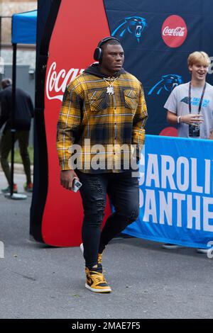 Carolina Panthers defensive tackle Derrick Brown (95) encourages the crowd  to get loud during an NFL football game against the Atlanta Falcons,  Thursday, Nov. 10 2022, in Charlotte, N.C. (AP Photo/Brian Westerholt