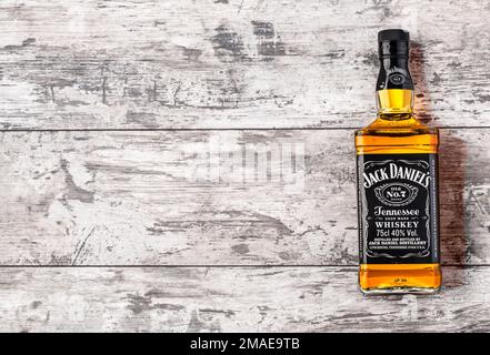 CHISINAU, MOLDOVA- November 14. 2015.Photo of bottle of 'Jack Daniel's' Tennessee whiskey.Jack Daniel's is a brand of sour mash Stock Photo