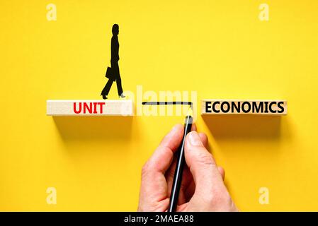 Unit economics symbol. Concept words Unit economics on wooden blocks. Beautiful yellow table yellow background. Businessman hand. Businesswoman icon. Stock Photo