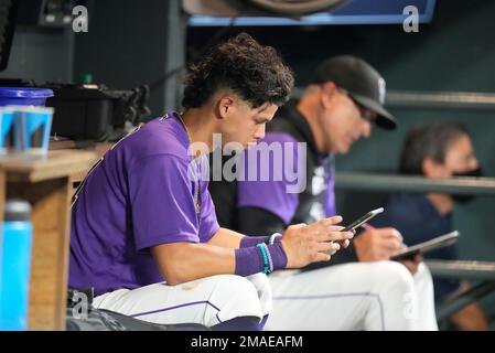 This is a 2022 photo of C.J. Cron of the Colorado Rockies baseball team  shown, Tuesday, March 22, 2022, in Scottsdale, Ariz. (AP Photo/Matt York  Stock Photo - Alamy