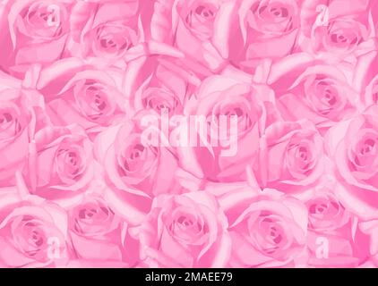 Beautiful pink rose flowers background. Blossoming delicate roses on blooming flowers festive background, pastel and soft bouquet floral card, vector Stock Vector