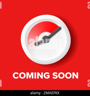 3d timer icon with coming soon text, white watch with red time running Stock Vector