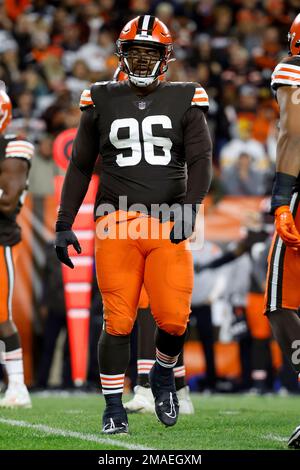 Cleveland Browns defensive tackle Jordan Elliott (90) reacts after making a  defensive stop during an NFL football game, Sunday, Nov. 22, 2020, in  Cleveland. (AP Photo/Kirk Irwin Stock Photo - Alamy