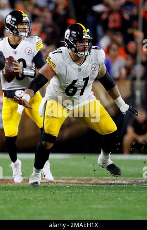 Pittsburgh Steelers center Mason Cole (61) and center J.C. Hassenauer (60)  walk off of the field at half-time during an NFL football game against the  Cleveland Browns, Thursday, Sept. 22, 2022, in