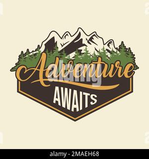 Adventure Awaits letter nature emblem template background. Vector illustration Stock Vector