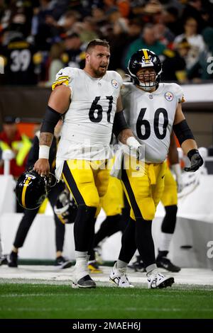 Pittsburgh Steelers center Mason Cole (61) and center J.C. Hassenauer (60)  walk off of the field at half-time during an NFL football game against the  Cleveland Browns, Thursday, Sept. 22, 2022, in Cleveland. (AP Photo/Kirk  Irwin Stock Photo - Alamy