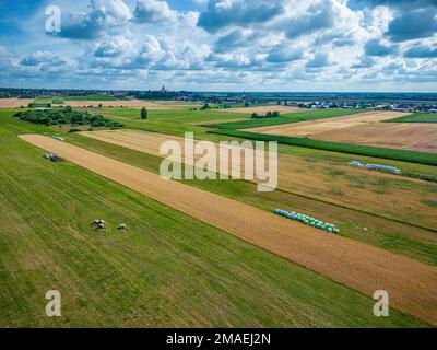 An aerial shot of strips of farmland and meadows in Upper Silesia, Poland Stock Photo