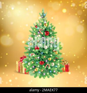 decorated Christmas tree with gifts on gold background Stock Vector
