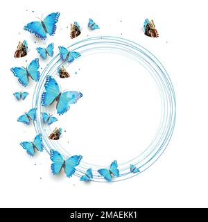 flock of blue flying butterflies on a white background Stock Vector