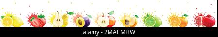horizontal banner with bright fruits on white background Stock Vector