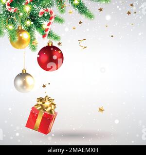 Christmas banner with decorated spruce branches and a gift on a light background Stock Vector