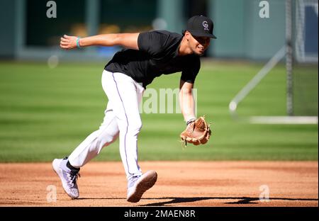 This is a 2022 photo of C.J. Cron of the Colorado Rockies baseball team  shown, Tuesday, March 22, 2022, in Scottsdale, Ariz. (AP Photo/Matt York  Stock Photo - Alamy