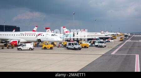 Vienna, Austria- May 11, 2016 Austrian Airlines  preparing for take-off in Vienna airport. Vienna airport is home for Austrian Airlines and one of big Stock Photo