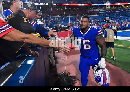 Buffalo Bills wide receiver Stefon Diggs (14) runs off the field after an  NFL football game against the Green Bay Packers, Sunday, Oct. 30, 2022, in  Orchard Park, N.Y. (AP Photo/Bryan Bennett