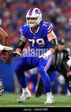 Buffalo Bills tackle Spencer Brown (79) walks off the field