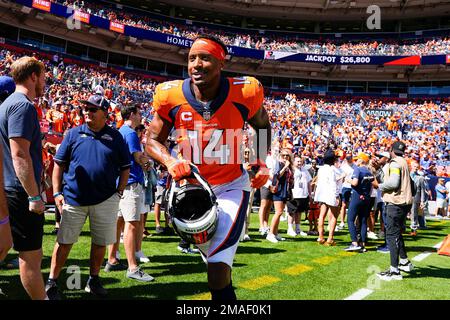 Courtland Sutton #14 of the Denver Broncos smiles during pre game against  the Dallas Cowboys in