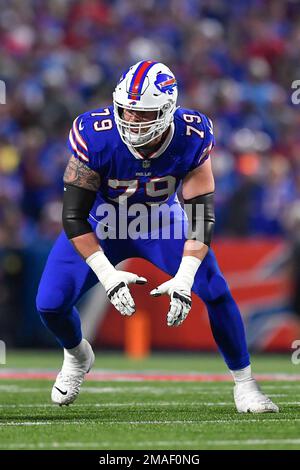 Buffalo Bills tackle Spencer Brown blocks during the second half of an NFL  football game against the New England Patriots in Orchard Park, N.Y.,  Monday, Dec. 6, 2021. (AP Photo/Adrian Kraus Stock