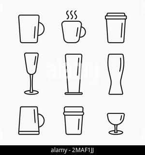 coffee tea beer glass line icon set vector flat illustration Stock Vector