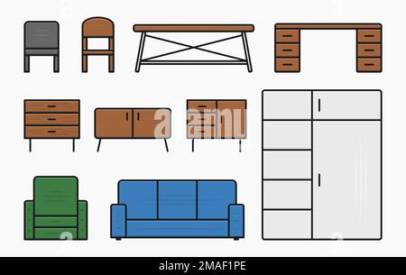 furniture wooden table color icon set vector flat illustration Stock Vector