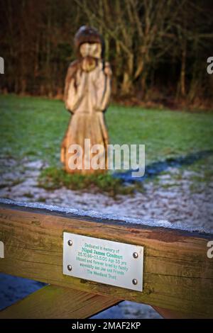 Wooden statue figure, Grappenhall woods, Broad Lane, Warrington, Cheshire, England, UK, WA4 Stock Photo