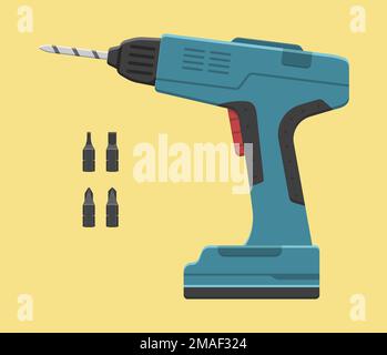 electric screwdriver power tool bits cartoon style vector flat illustration Stock Vector