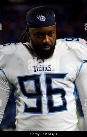 Tennessee Titans defensive tackle Denico Autry (96) walks back to the line  of scrimmage during the first half of an NFL football game against the New  England Patriots, Sunday, Nov. 28, 2021