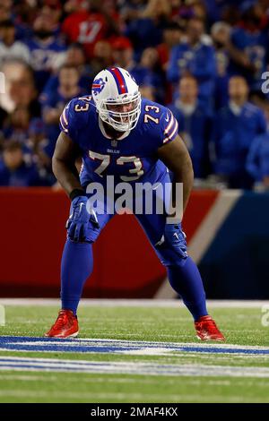 Buffalo Bills' Dion Dawkins lines-up during the first half of an NFL  wild-card playoff football game against the Miami Dolphins, Sunday, Jan. 15,  2023, in Orchard Park, N.Y. (AP Photo/Jeffrey T. Barnes