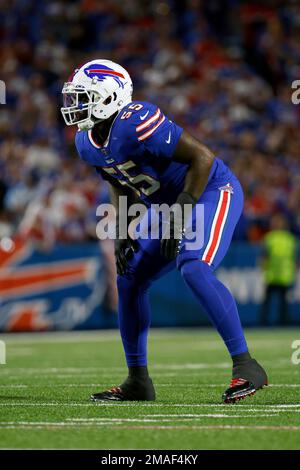 Buffalo Bills defensive end Boogie Basham (55) lines up for a play against  the Green Bay Packers during the first half of an NFL football game,  Sunday, Oct. 30, 2022, in Buffalo