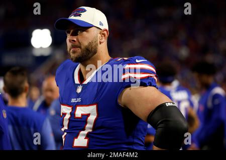 Buffalo Bills offensive tackle David Quessenberry during pre-game warmups  before an NFL football game against the Kansas City Chiefs, Sunday, Oct. 16,  2022 in Kansas City, Mo. (AP Photo/Reed Hoffmann Stock Photo 