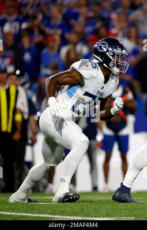 Tennessee Titans running back Hassan Haskins (25) leaps into the end zone  for a touchdown against the Chicago Bears during the first half of an NFL  preseason football game, Saturday, Aug. 12