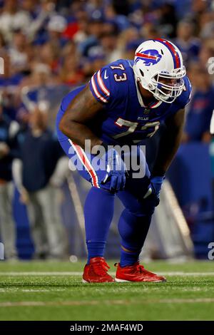 Buffalo Bills' Dion Dawkins lines-up during the first half of an