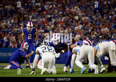 Buffalo Bills place kicker Tyler Bass (2) kicks a PAT during the first half  of an NFL football game against the New England Patriots on Sunday, Jan. 8,  2023, in Orchard Park