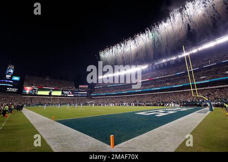 Fireworks line the stadium during the national anthem before the Minnesota  Vikings-Philadelphia Eagles game in the NFC Championship game at Lincoln  Financial Field in Philadelphia, Pennsylvania on January 21, 2018. Photo by