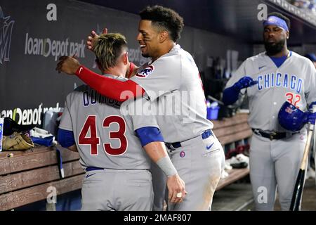 Chicago Cubs second baseman Esteban Quiroz (43) can't get to a single hit  by Miami Marlins' Charles Leblanc during the first inning of a baseball  game, Tuesday, Sept. 20, 2022, in Miami. (