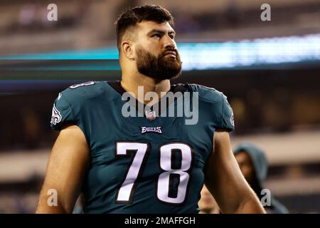 Philadelphia Eagles guard Sua Opeta (78) and Detroit Lions offensive tackle  Drew Forbes (76) walks off the field during an NFL football game, Sunday,  Sept. 11, 2022, in Detroit. (AP Photo/Rick Osentoski