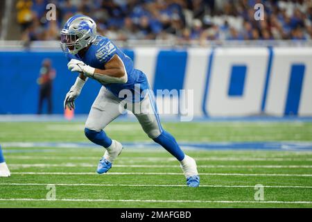 Detroit Lions linebacker Julian Okwara (99) gets set on defense against the  Jasksonville Jaguars during an NFL pre-season football game, Saturday, Aug.  19, 2023, in Detroit. (AP Photo/Rick Osentoski Stock Photo - Alamy