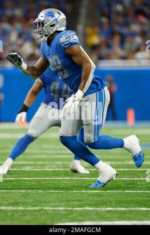 Detroit Lions linebacker Julian Okwara (99) gets set on defense against the  Jasksonville Jaguars during an NFL pre-season football game, Saturday, Aug.  19, 2023, in Detroit. (AP Photo/Rick Osentoski Stock Photo - Alamy