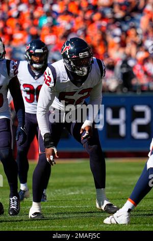 Houston Texans defensive end Jonathan Greenard (52) celebrates a fourth  down stop during the first half of an NFL football game Sunday, Sept. 11,  2022, in Houston. (AP Photo/Eric Christian Smith Stock