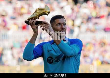 BARCELONA - DEC 31: Lewandowski shows the Golden Boot trohpy prior to the LaLiga match between FC Barcelona and RCD Espanyol at the Spotify Camp Nou S Stock Photo