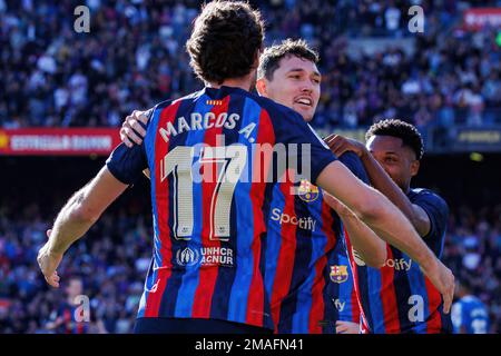 BARCELONA - DEC 31: Barcelona players celebrate after scoring a goal during the LaLiga match between FC Barcelona and RCD Espanyol at the Spotify Camp Stock Photo