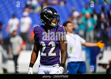 Baltimore Ravens cornerback Damarion Williams (22) in action during the  first half of an NFL football game against the Jacksonville Jaguars,  Sunday, Nov. 27, 2022, in Jacksonville, Fla. (AP Photo/Gary McCullough Stock