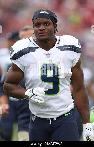 Seattle Seahawks running back Kenneth Walker III (9) looks on during an NFL  football game against the San Francisco 49ers, Sunday, Sept. 18, 2022 in  Santa Clara, Calif. (AP Photo/Lachlan Cunningham Stock