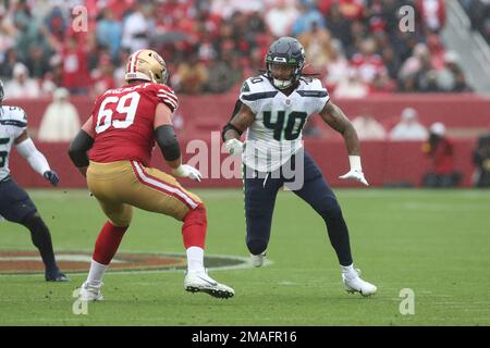 Seattle Seahawks defensive end Darryl Johnson (40) jogs to the line of  scrimmage during the second half of an NFL football game against the Denver  Broncos, Monday, Sept. 12, 2022, in Seattle.