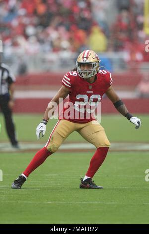 Santa Clara, California, USA. 14th Jan, 2023. San Francisco 49ers safety  Talanoa Hufanga (29) tackles Seattle Seahawks wide receiver DK Metcalf (14)  on Saturday, January 14, 2023, at Levis Stadium in Santa